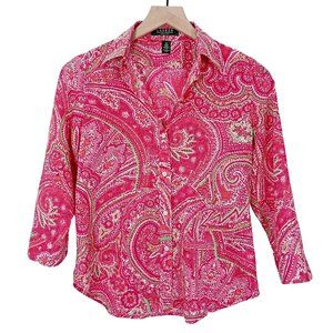 Lauren Ralph Lauren Womens Button-Up Shirt Magenta Paisley Cotton Petite Size S